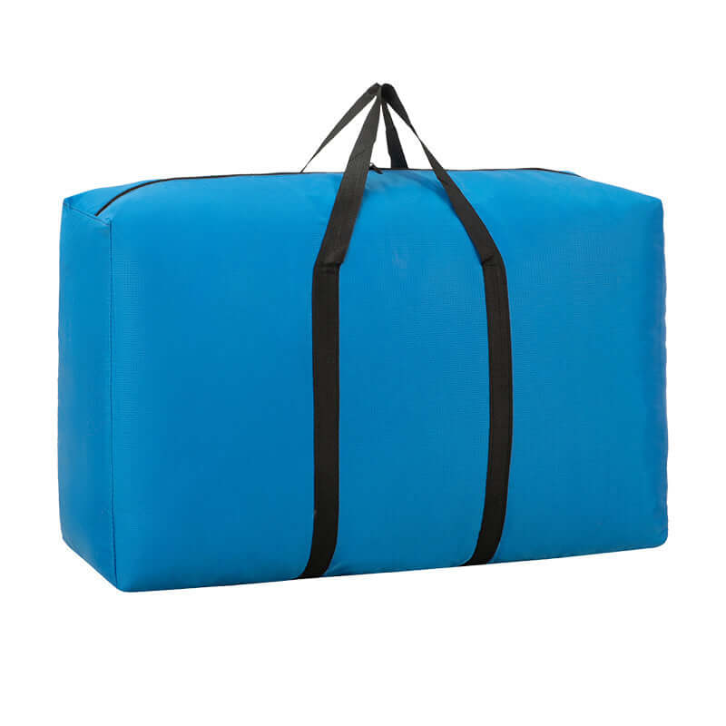 Blue 100L large foldable travel duffel bag with black straps, perfect for storage and travel.