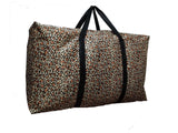 Large foldable travel duffel bag in leopard print design with sturdy black straps, perfect for travel and storage.