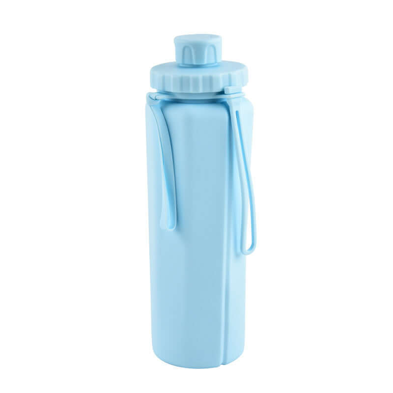 Foldable travel water bottle in light blue, 600ml capacity, perfect for staying hydrated on the go.