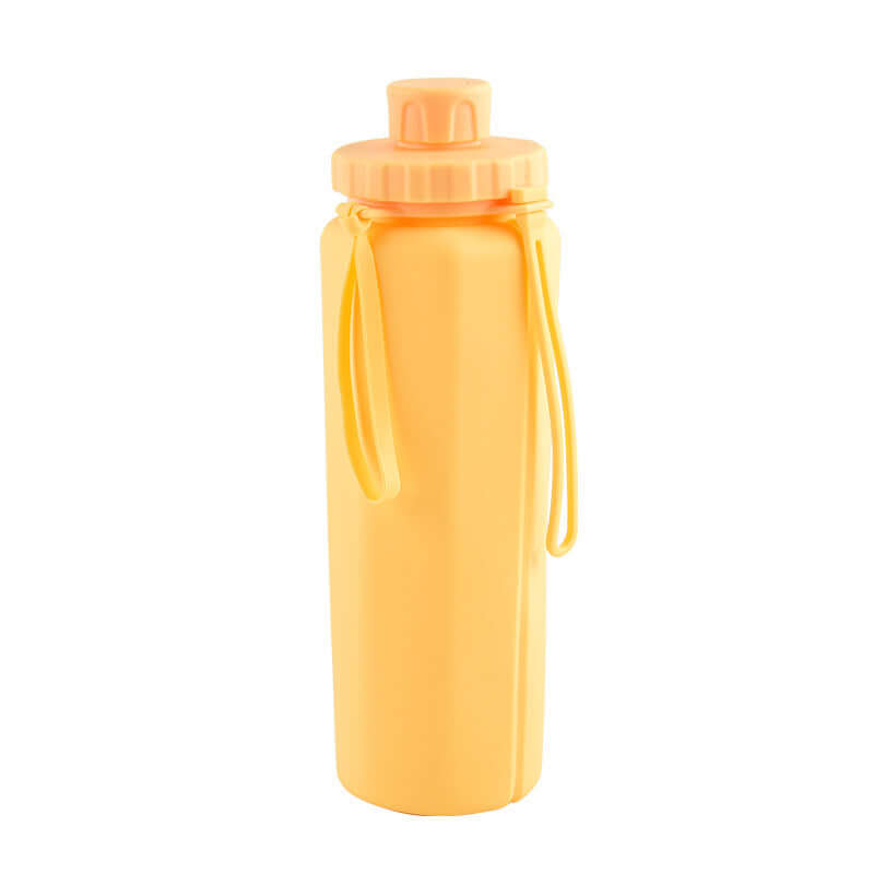 Foldable travel water bottle in bright yellow, designed for easy hydration on the go with a 600ml capacity.