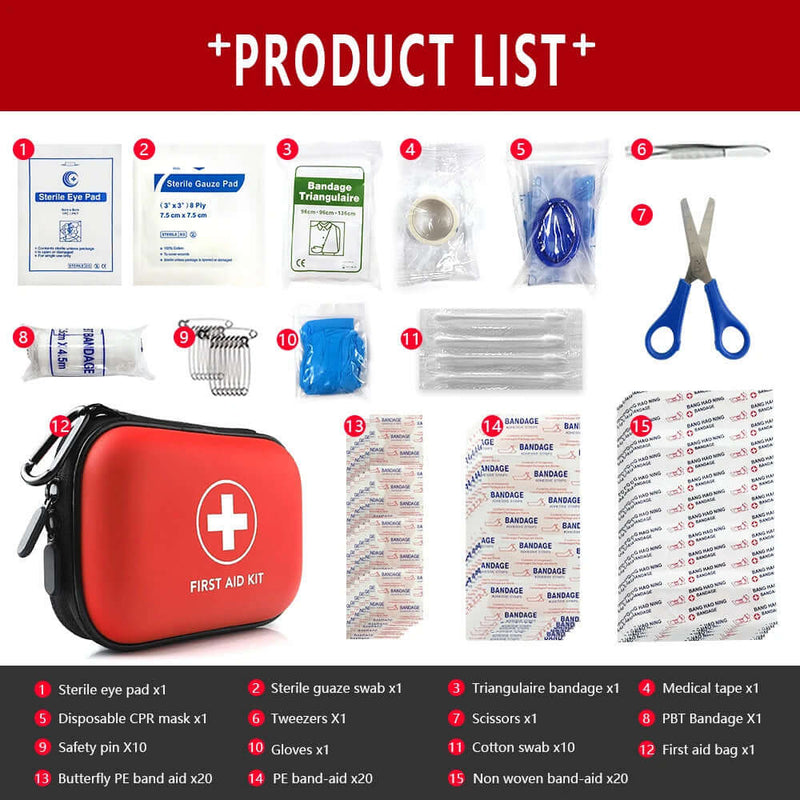 90-piece travel first aid kit with assorted medical supplies for emergencies and injuries.