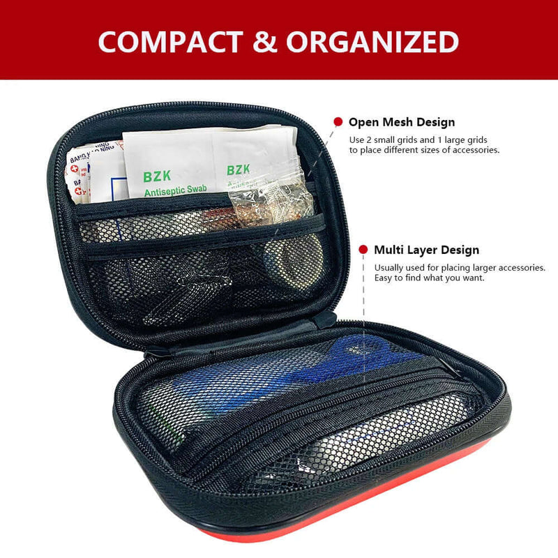 Compact and organized first aid kit case showcasing open mesh and multi-layer design for optimal access.