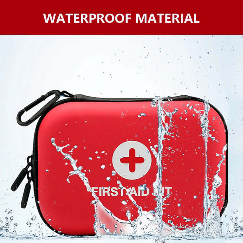 Compact waterproof first aid kit case, ideal for travel and emergencies, showcasing durability and essential protection.