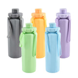 Foldable travel water bottles in various colors: gray, yellow, green, blue, and purple for stylish hydration on the go.