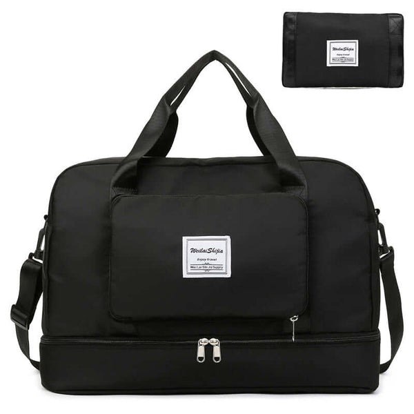 Medium waterproof travel duffel bag in black with spacious compartments for organized packing.