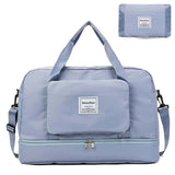 Medium waterproof travel duffel bag in light blue, featuring spacious compartments and an organized design.