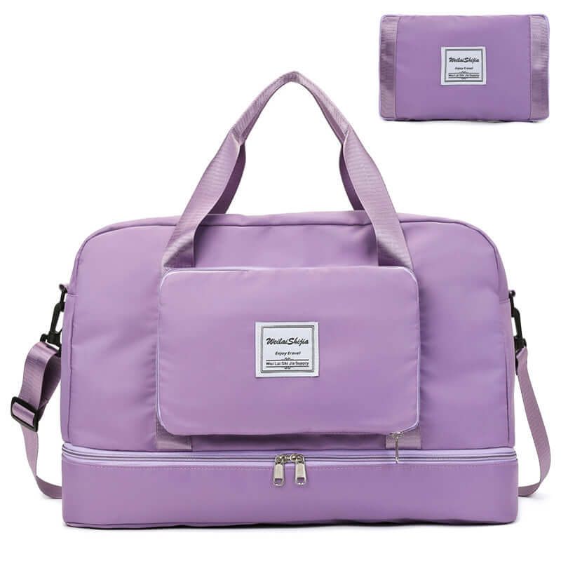 Medium waterproof travel duffel bag in lavender color with compartments for organized travel.